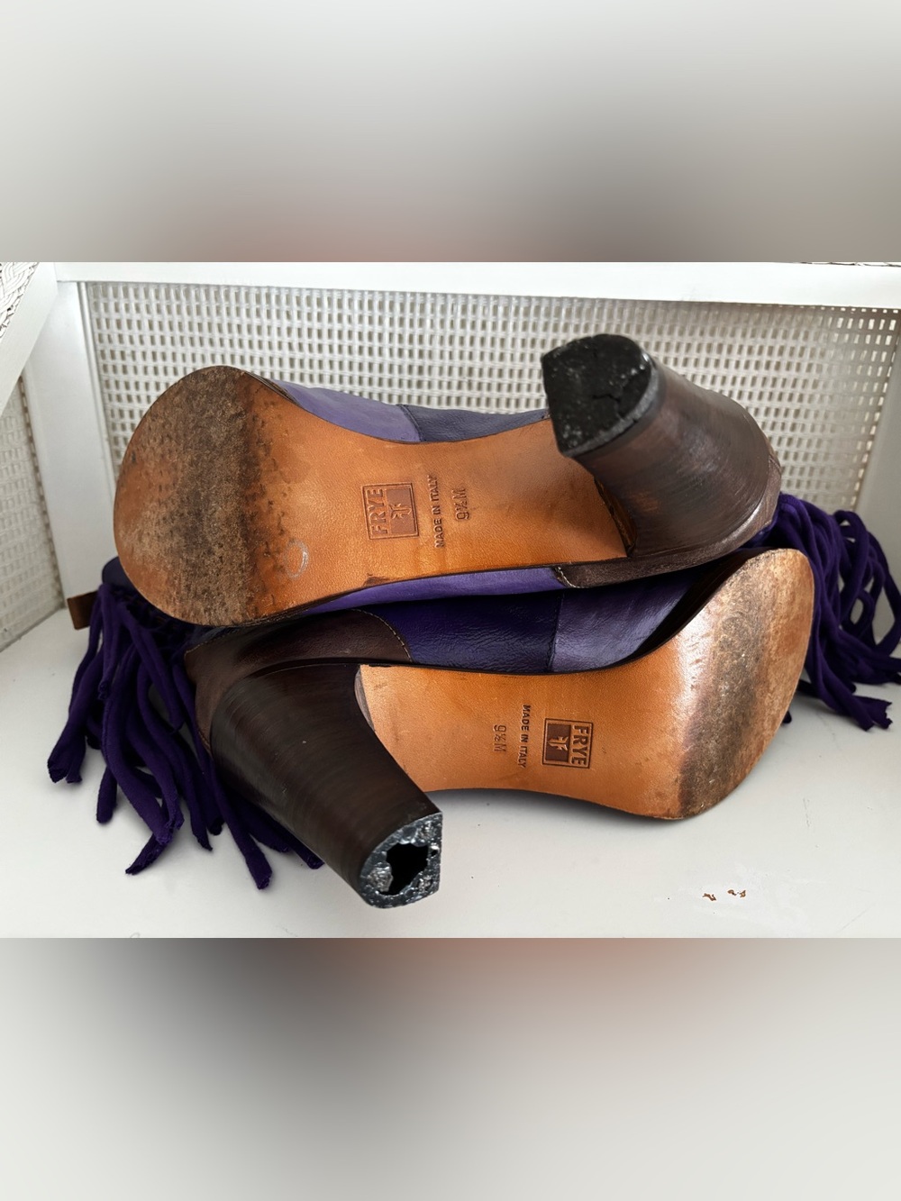 Custom FRYE Purple, Green & Brown Lace-Up Fringe Leather Boots - Picture 13 of 13